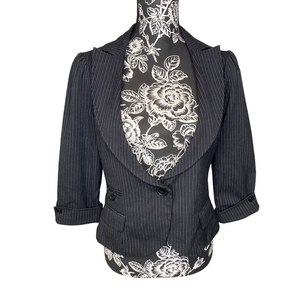 Maurices Pinstripe Career Blazer Jacket Black Gray Cropped Office Chic Bow Back